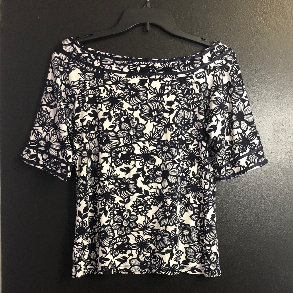 The Limited Boat Neck Floral Short Sleeve Top, Navy White